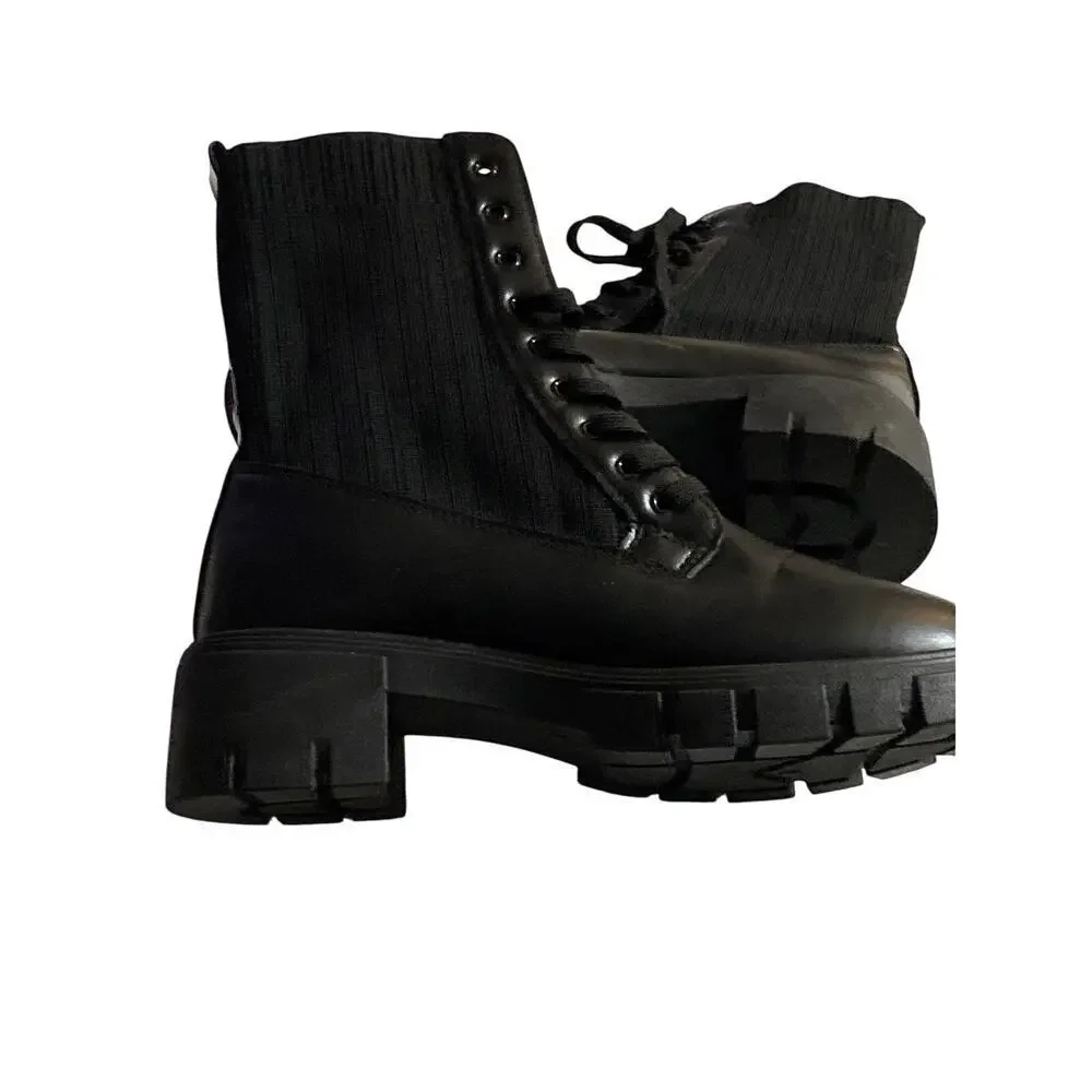 TOP MODA WO SIZE 10 MOTO CHUNKY HEEL BOOTS‎  LACEUP BLACK FAUX LEATHER CLEAN EUC